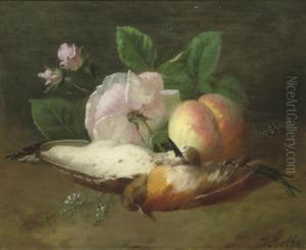 Song Birds, A Peach, Pink Roses And Heather Oil Painting by Henri Robbe