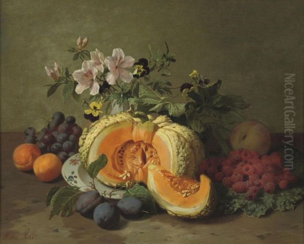 Pumpkin, Grapes, Peaches, Plums, Raspberries And Flowers Oil Painting by Henri Robbe