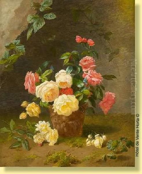 Pot De Terre Cuite Agremente De Roses Oil Painting by Henri Robbe