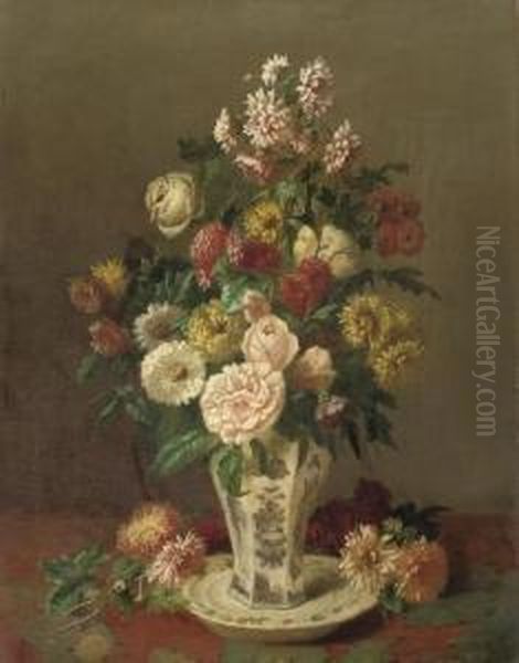 A Mixed Bouquet With Chrysanthemums And Roses Oil Painting by Henri Robbe