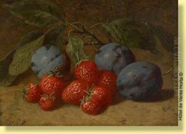 Nature Morte Aux Fraises Et Aux Prunes Oil Painting by Henri Robbe