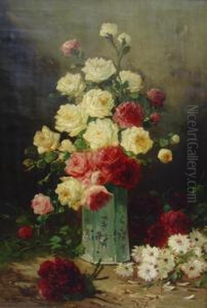 Stilllebenmit Rosen Und Chrysanthemen Oil Painting by Henri Robbe