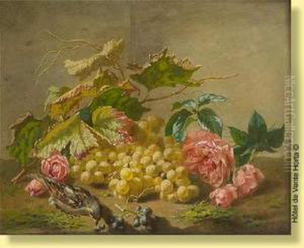 Composition Aux Raisins, Roses Et Oiseau Oil Painting by Henri Robbe