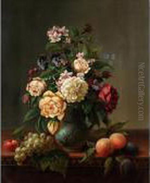 Still Life With Fruit A Carafe Of Flowers by Henri Robbe