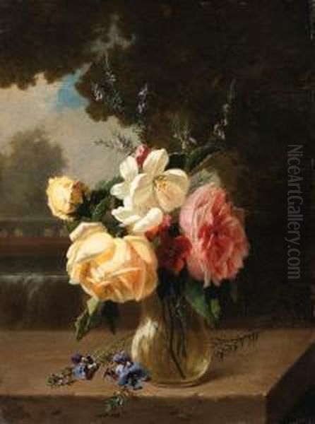 A Vase Of Flowers On A Stone Ledge By A Waterfall Oil Painting by Henri Robbe