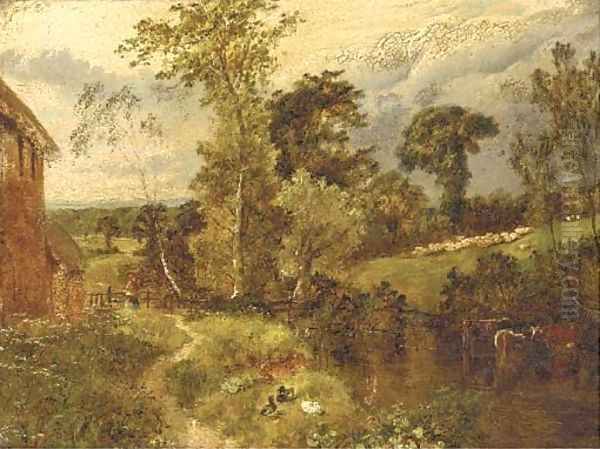 Cattle watering in a river landscape Oil Painting by John Henry Dell