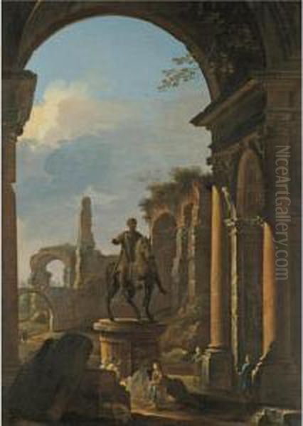 A Capriccio Of Roman Ruins With 
Figures By An Equestrian Statue Of Emperor Marcus Aurelius Oil Painting by Domenico Roberti