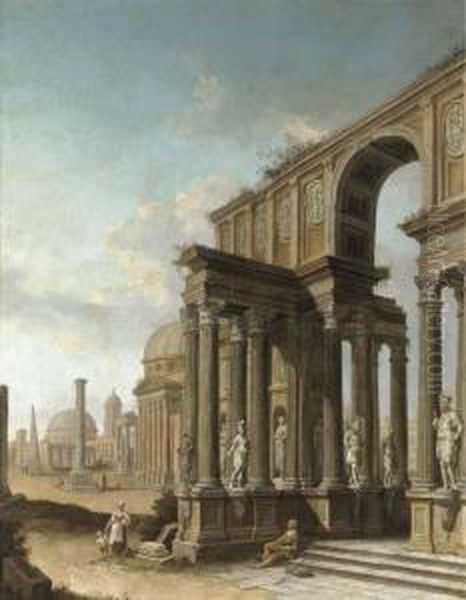 A Capriccio Of Roman Ruins Oil Painting by Domenico Roberti