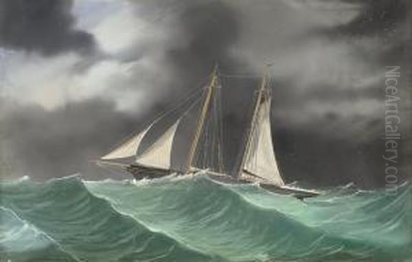 A Schooner Yacht, Under Reduced Sail, In A Lightning Storm At Sea Oil Painting by Luigi Roberto