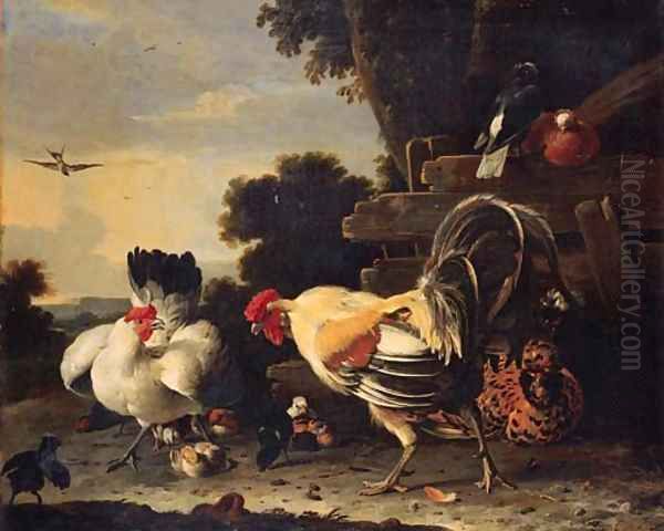 A hen protecting her chickens against a cockerell Oil Painting by Melchior D'Hondecoeter