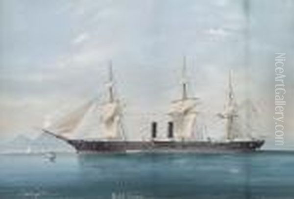 The U.s.s. Congress Lying At Her Mooring Off Naples Oil Painting by Luigi Roberto