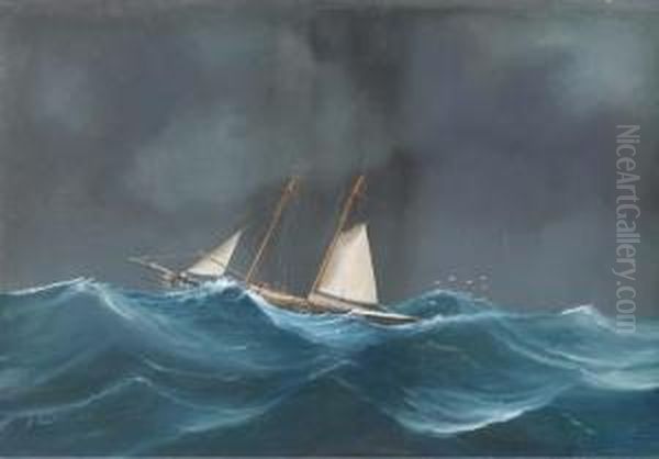 A Schooner Of The Royal Thames Yacht Club: At Sea; And Riding Outthe Gale Oil Painting by Luigi Roberto