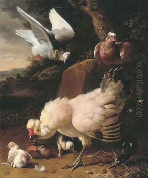 A chicken, chicks and pigeons on a fence, in a landscape Oil Painting by Melchior D'Hondecoeter