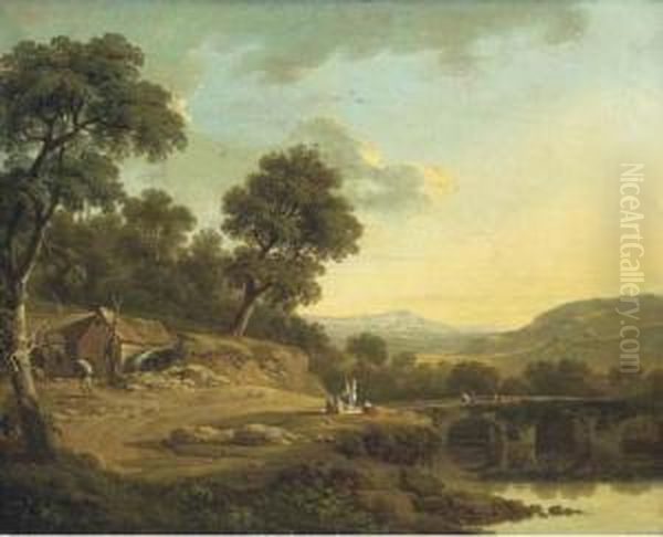 A Wooded River Landscape With Travellers On A Bridge Oil Painting by Thomas Roberts