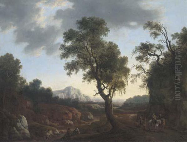 Figures By A Stream And Travellers On A Track In A Woodedlandscape Oil Painting by Thomas Roberts