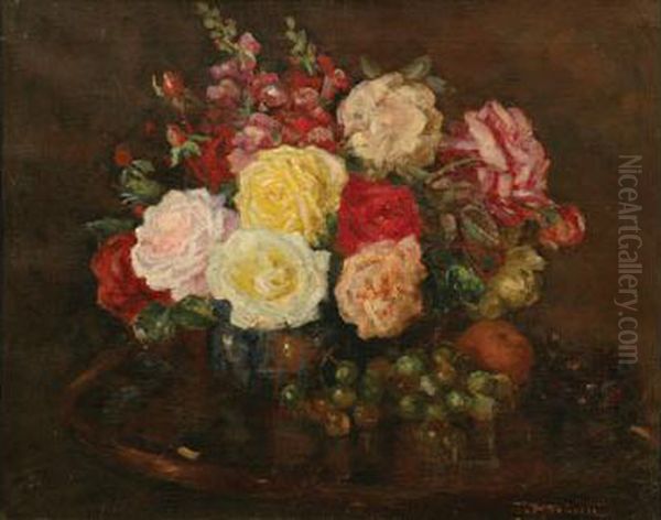 Still Life With Roses And Grapes Oil Painting by Tom Roberts