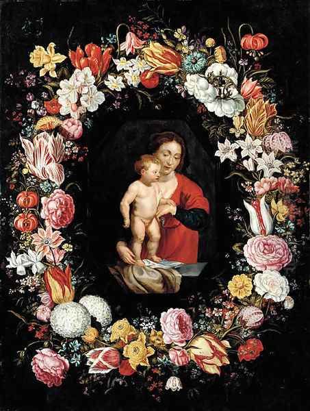 The Virgin and Child surrounded by a garland of flowers Oil Painting by Andries Daniels or Danielsz