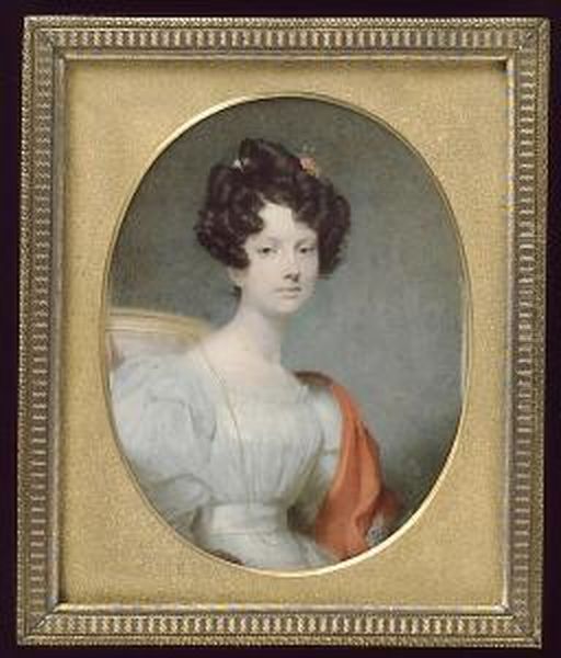 Mrs. William Josh Cottman, 
Seated, Wearing White Dress, Long Gold Chain Necklace And Vermilion-red 
Cloak Over Her Left Shoulder, A Matching Ribbon In Her Curled Dark Hair Oil Painting by Andrew Robertson