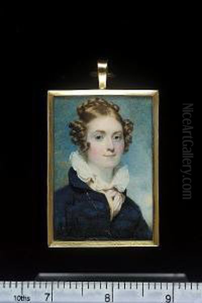 A Lady, Wearing Blue Coat With 
Black Frogging, Cream Waistcoat, Pink Cravat And White Ruff Collar, Her 
Hair In Ringlets And In A Plaited Bun Oil Painting by Andrew Robertson