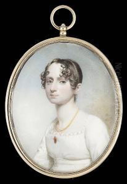 A Young Lady, Wearing White 
Dress With Scalloped Trim, Gold Mounted Ruby Brooch And Multi-strand 
Gold Necklace Oil Painting by Andrew Robertson