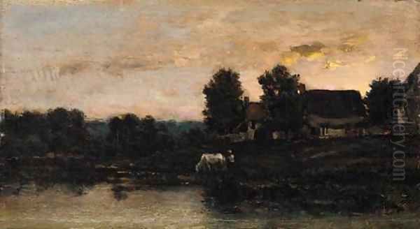 Cattle watering in a twilight landscape Oil Painting by Charles-Francois Daubigny