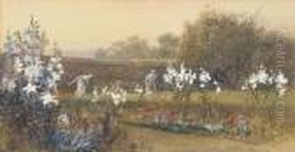 Roland And Mildred Robertson, The Artist's Children Playing Shuttlecock In The Garden Oil Painting by Charles Robertson