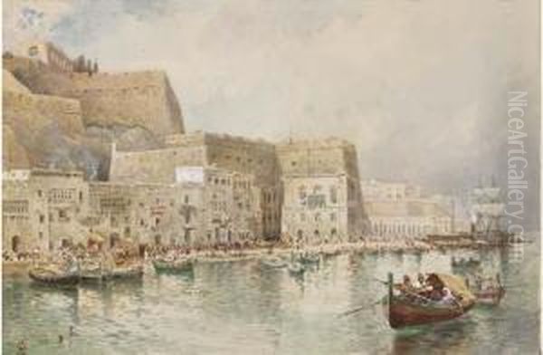 Fishing Vessels In The Grand Harbour, Valetta Oil Painting by Charles Robertson