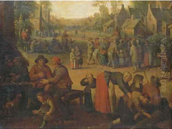 A village scene with numerous peasants and a travelling merchant beyond Oil Painting by Cornelis Droochsloot