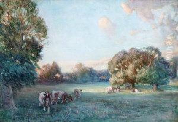 Cattle Grazing In A Summer Meadow Oil Painting by David Thomas Robertson