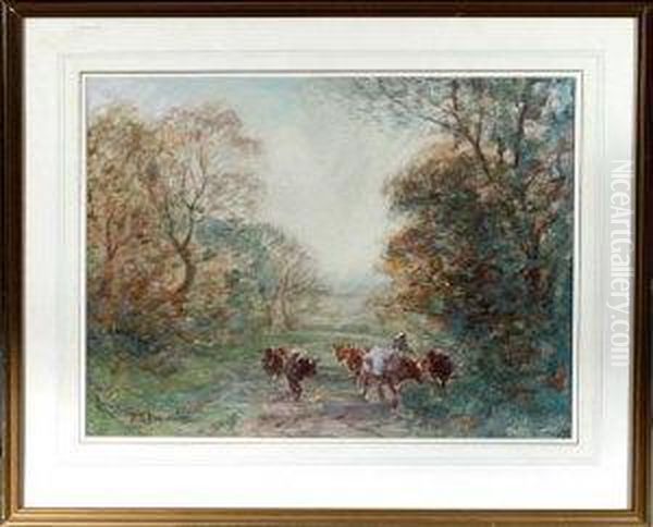 A Woman Driving Cattle Along A Woodland Path Oil Painting by David Thomas Robertson