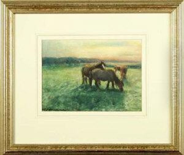 Horses In A Meadow At Dusk Oil Painting by David Thomas Robertson