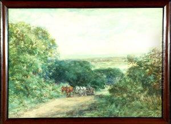 A Horsecart On A Forest Road Oil Painting by David Thomas Robertson