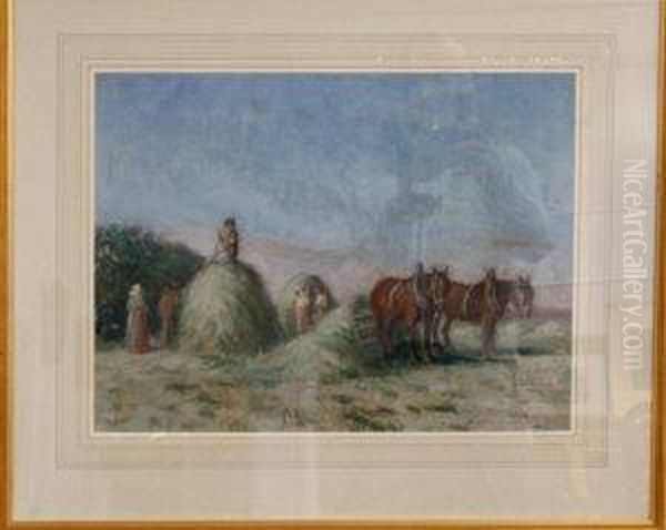 Figures And Horses In A Hayfield Oil Painting by David Thomas Robertson