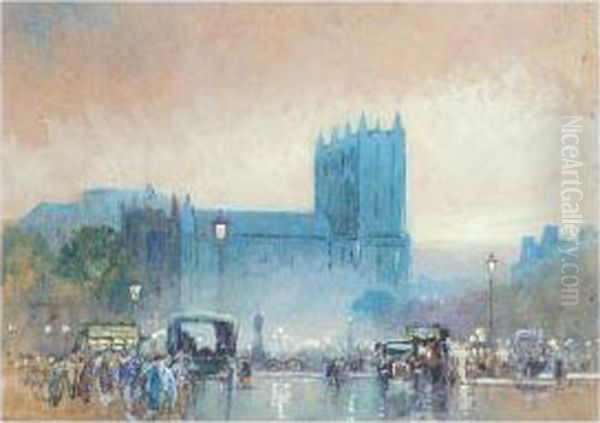 Westminster Abbey; London Bridge; Stable Inn, Holborn Oil Painting by Percy Robertson