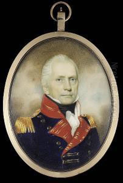 An Officer Of Royal Artillery, 
Wearing Dark Blue Coat With Red Facings And Gold Epaulettes, Black Stock
 And Frilled White Cravat Oil Painting by Walter Robertson