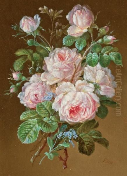 (2) A Pair 
Pink Roses 
Mixed Bouquet Oil Painting by Jean-Baptiste Robie