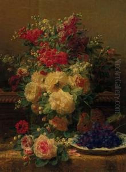 Summer Flowers And Grapes On A Ledge Oil Painting by Jean-Baptiste Robie