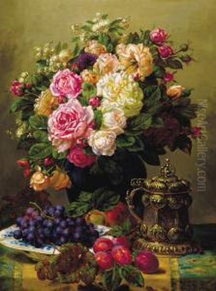 Still Life With Roses, Grapes And Plums Oil Painting by Jean-Baptiste Robie