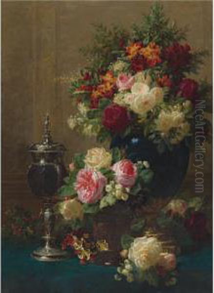 Still Life Of Flowers With A Coconut Chalice On A Table Oil Painting by Jean-Baptiste Robie