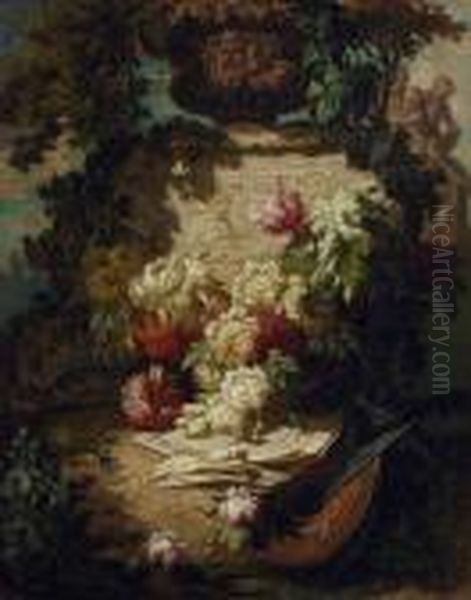 011 Jean Baptiste Claude Robie , Blumenstilleben Mit Laute Und Handschuhen Oil Painting by Jean-Baptiste Robie