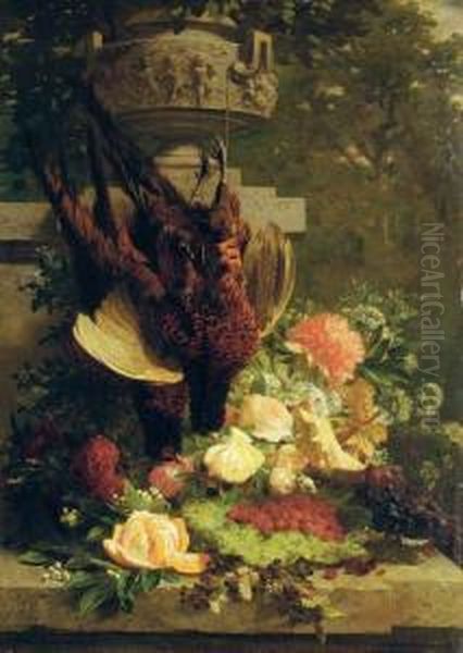 Hanging Pheasants With Flowers Oil Painting by Jean-Baptiste Robie