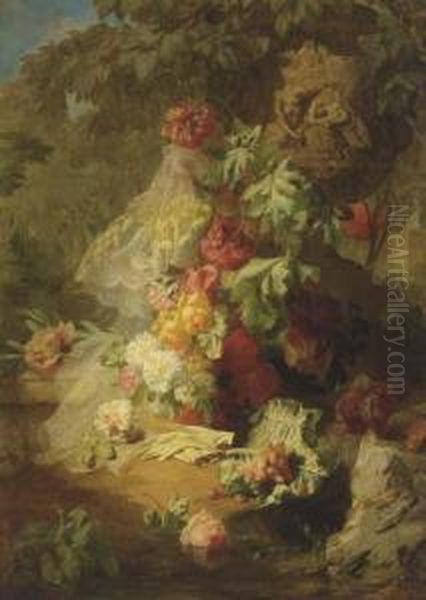 A Still Life Of Lace, Flowers And Gloves In A Garden Oil Painting by Jean-Baptiste Robie