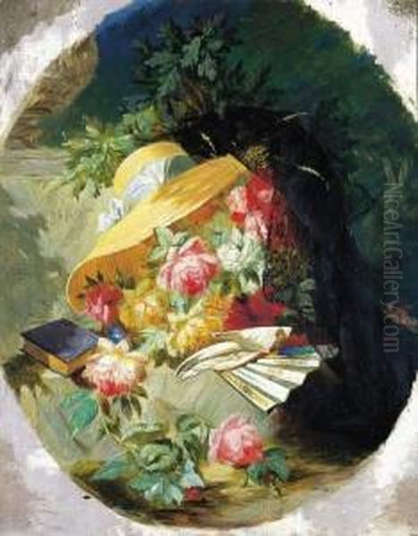 Fleurs, Eventail Et Chapeau De Paille Oil Painting by Jean-Baptiste Robie