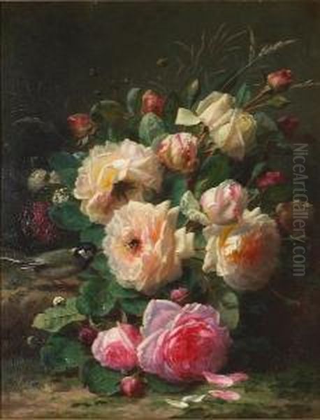 A Still Life With Roses, A Titmouse And A Bumblebee Oil Painting by Jean-Baptiste Robie