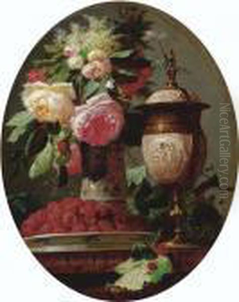 Still Life Of Flowers With Raspberries And An Urn On A Table In A Painted Oval Oil Painting by Jean-Baptiste Robie