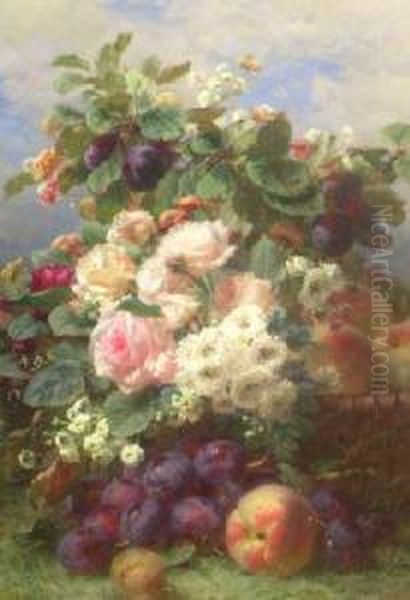 A Basket Overflowing With Flowers And Fruit Set In A Garden Oil Painting by Jean-Baptiste Robie