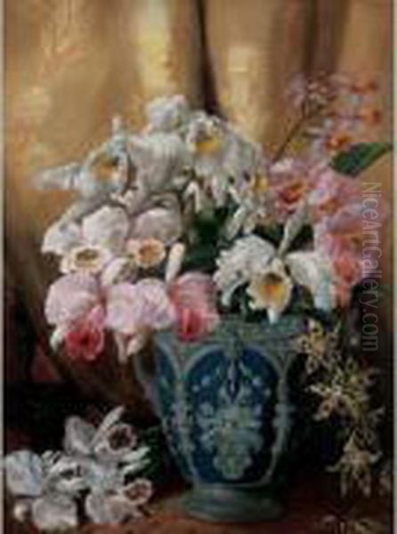 Bouquet D'orchidees Dans Un Vase Sur Un Entablement Oil Painting by Jean-Baptiste Robie