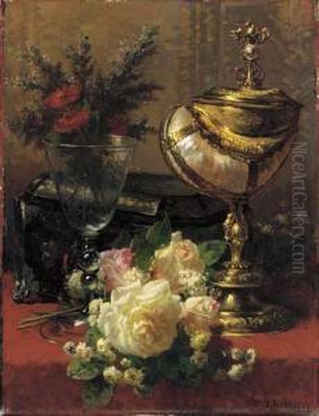 A Bouquet Of Roses And Other 
Flowers In A Glass Goblet With A Chinese Lacquer Box And A Nautilus Cup 
On A Red Velvet Draped Table Oil Painting by Jean-Baptiste Robie