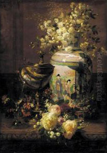 Still Life With Japanese Vase And Flowers Oil Painting by Jean-Baptiste Robie