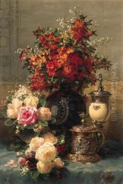 Roses, Anenomes And Peonies, 
Strawberries, A Silver-gilt Ostrichegg Cup And A German Gold-gilt 
Tankard On A Draped Table Oil Painting by Jean-Baptiste Robie